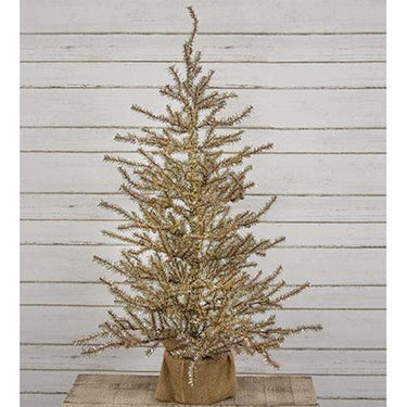 Antiqued Silver Tinsel Tree w Burlap Base 4ft - The Fox Decor
